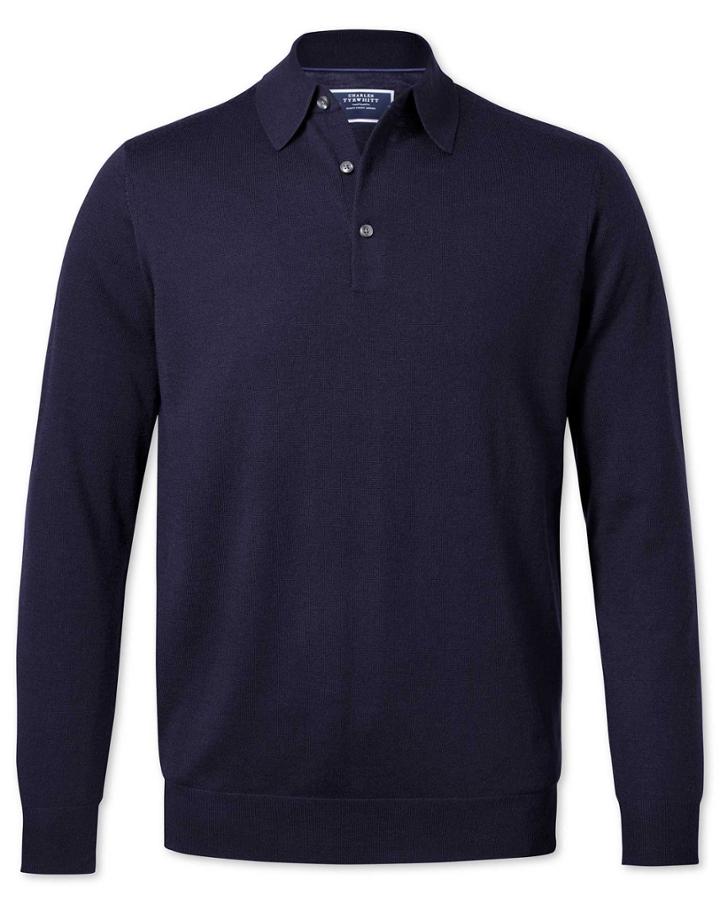  Navy Wool Polo Collar Merino Sweater Size Medium By Charles Tyrwhitt
