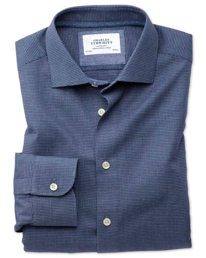 Charles Tyrwhitt Extra Slim Fit Semi-cutaway Business Casual Navy Patterned Cotton Dress Casual Shirt Single Cuff Size 14.5/32 By Charles Tyrwhitt