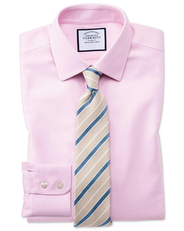  Slim Fit Non-iron Step Weave Pink Cotton Dress Shirt Single Cuff Size 16/35 By Charles Tyrwhitt