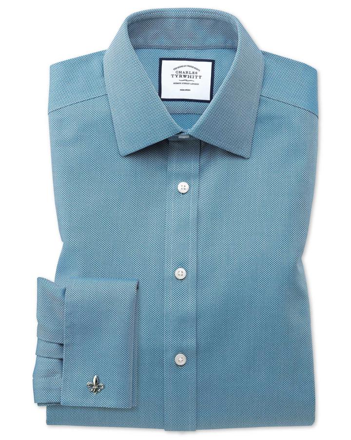  Classic Fit Non-iron Teal Arrow Weave Cotton Dress Shirt French Cuff Size 15/33 By Charles Tyrwhitt