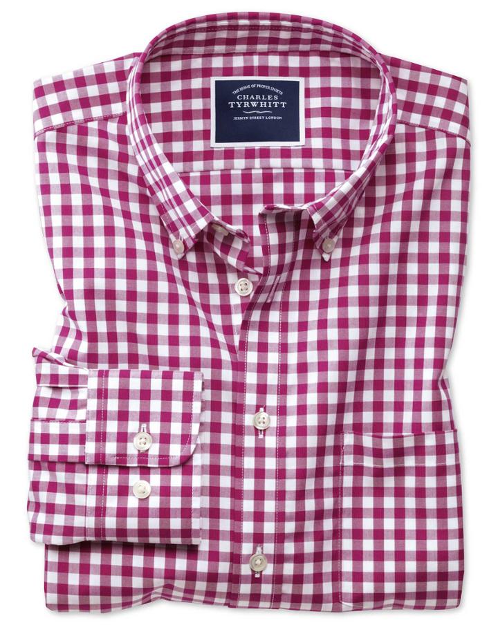  Slim Fit Non-iron Raspberry Gingham Poplin Cotton Casual Shirt Single Cuff Size Xs By Charles Tyrwhitt