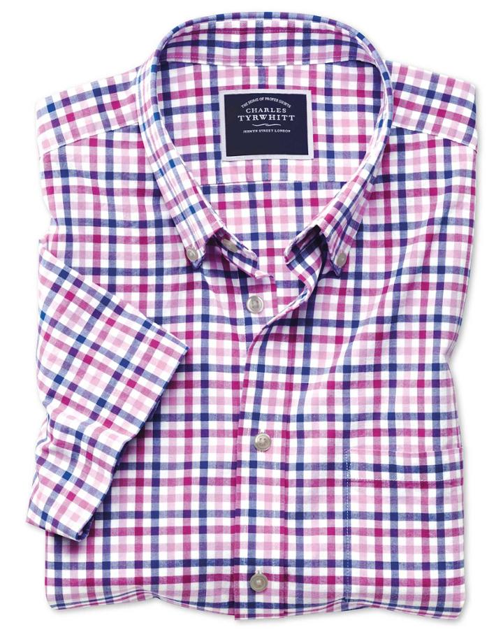 Charles Tyrwhitt Slim Fit Poplin Short Sleeve Pink Multi Gingham Cotton Casual Shirt Single Cuff Size Large By Charles Tyrwhitt