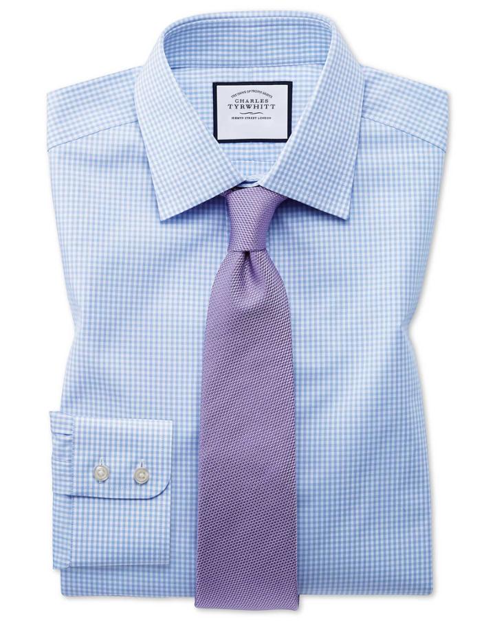  Slim Fit Light Sky Blue Small Gingham Cotton Dress Shirt Single Cuff Size 14.5/32 By Charles Tyrwhitt