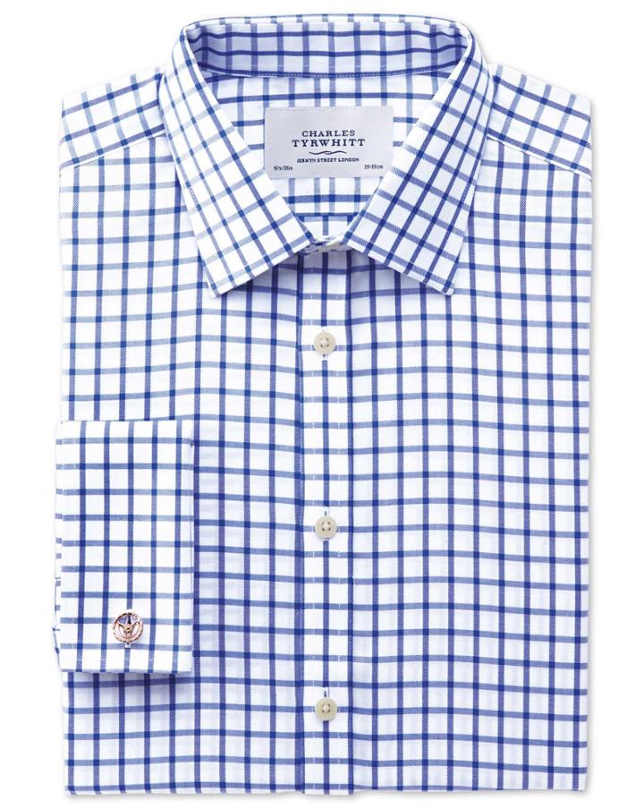 Charles Tyrwhitt Charles Tyrwhitt Extra Slim Fit Non-iron Twill Grid Check Royal Blue Cotton Dress Shirt Size 14.5/32