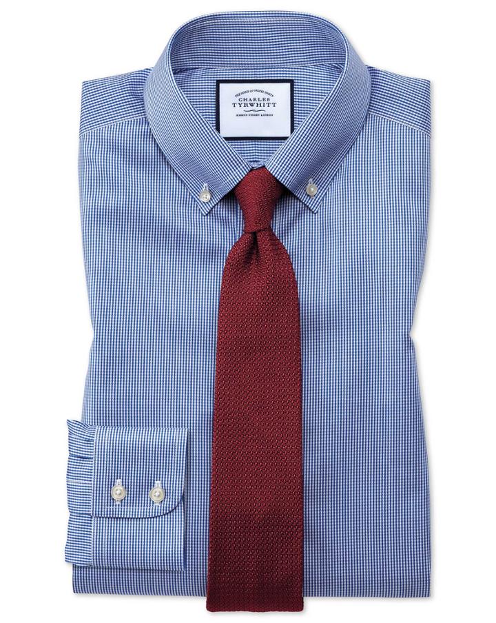 Charles Tyrwhitt Classic Fit Button-down Non-iron Twill Puppytooth Royal Blue Cotton Dress Shirt Single Cuff Size 15/34 By Charles Tyrwhitt