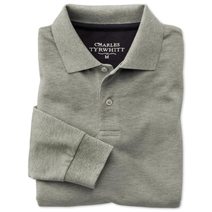 Charles Tyrwhitt Charles Tyrwhitt Grey Marl Long Sleeve Classic Fit Pique Polo (m)