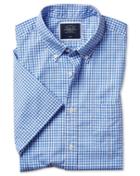  Classic Fit Sky Blue Short Sleeve Gingham Soft Washed Non-iron Stretch Poplin Cotton Casual Shirt Single Cuff Size Large By Charles Tyrwhitt