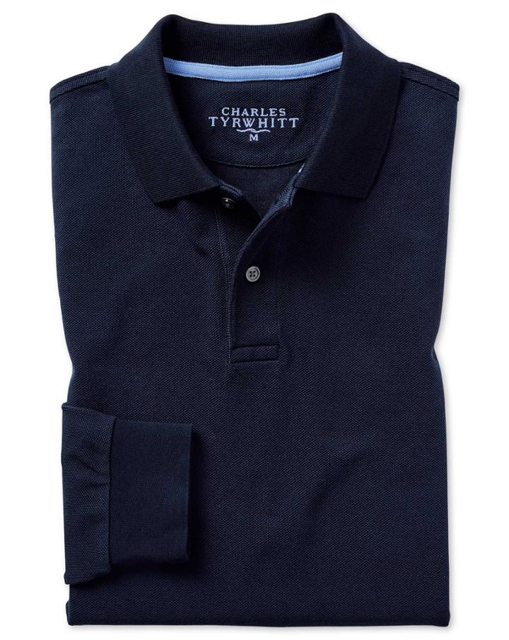  Navy Long Sleeve Plain Pique Cotton Polo Size Large By Charles Tyrwhitt