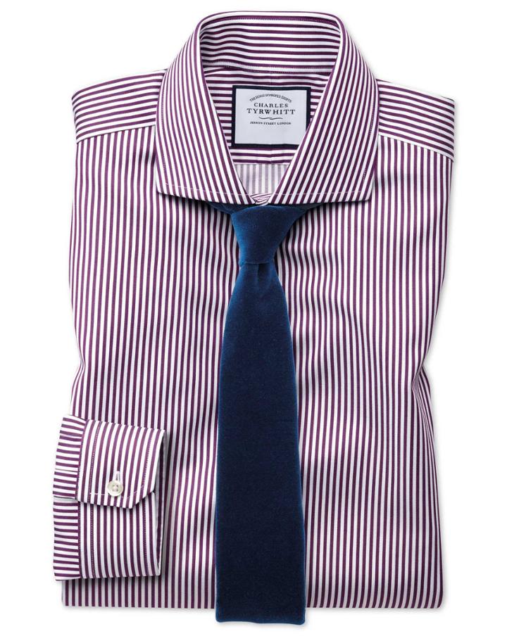  Super Slim Fit Non-iron Spread Collar Berry Twill Stripe Cotton Dress Shirt Single Cuff Size 15.5/33 By Charles Tyrwhitt