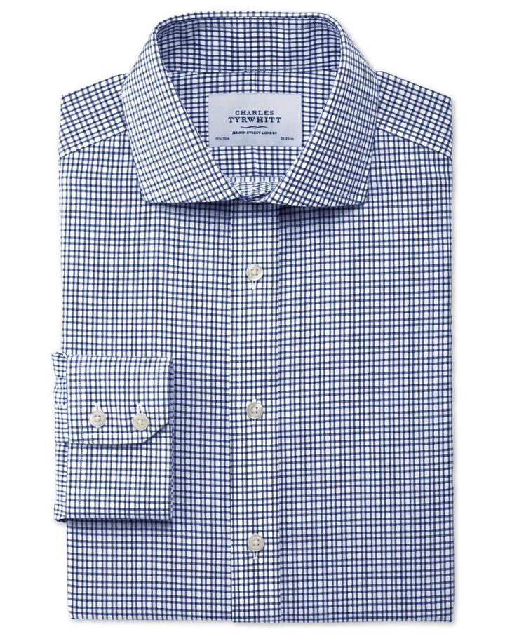 Charles Tyrwhitt Charles Tyrwhitt Slim Fit Spread Collar Non-iron Dobby Check Navy Cotton Dress Shirt Size 15.5/35