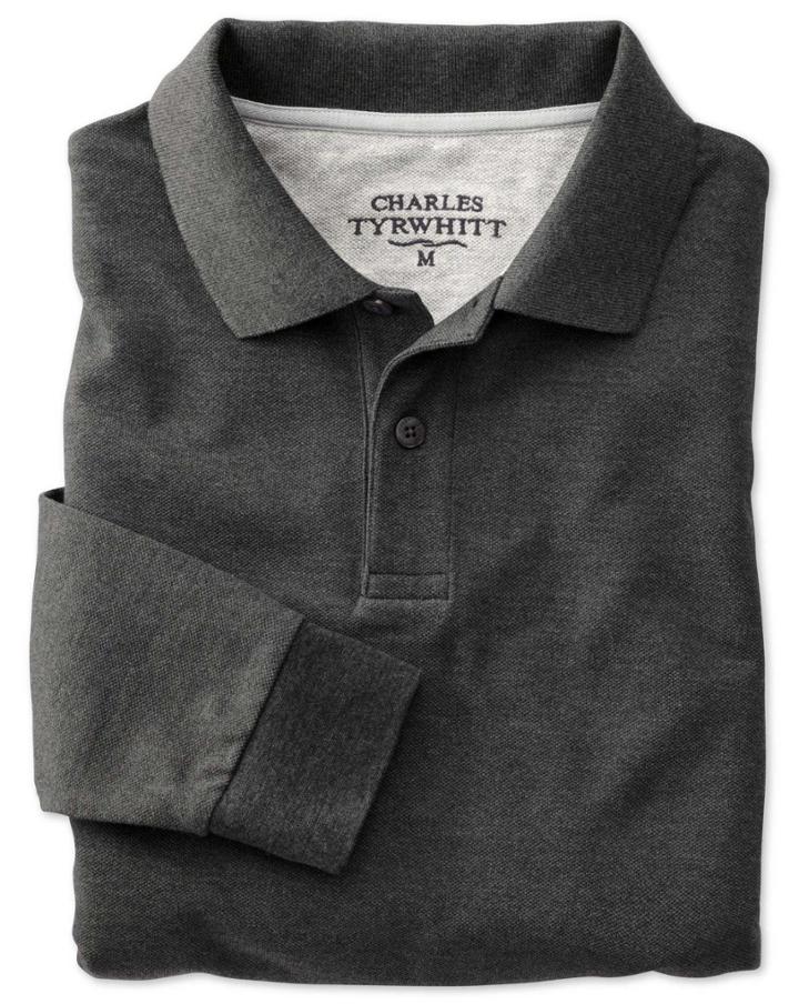 Charles Tyrwhitt Charles Tyrwhitt Charcoal Long Sleeve Pique Cotton Polo Size Large