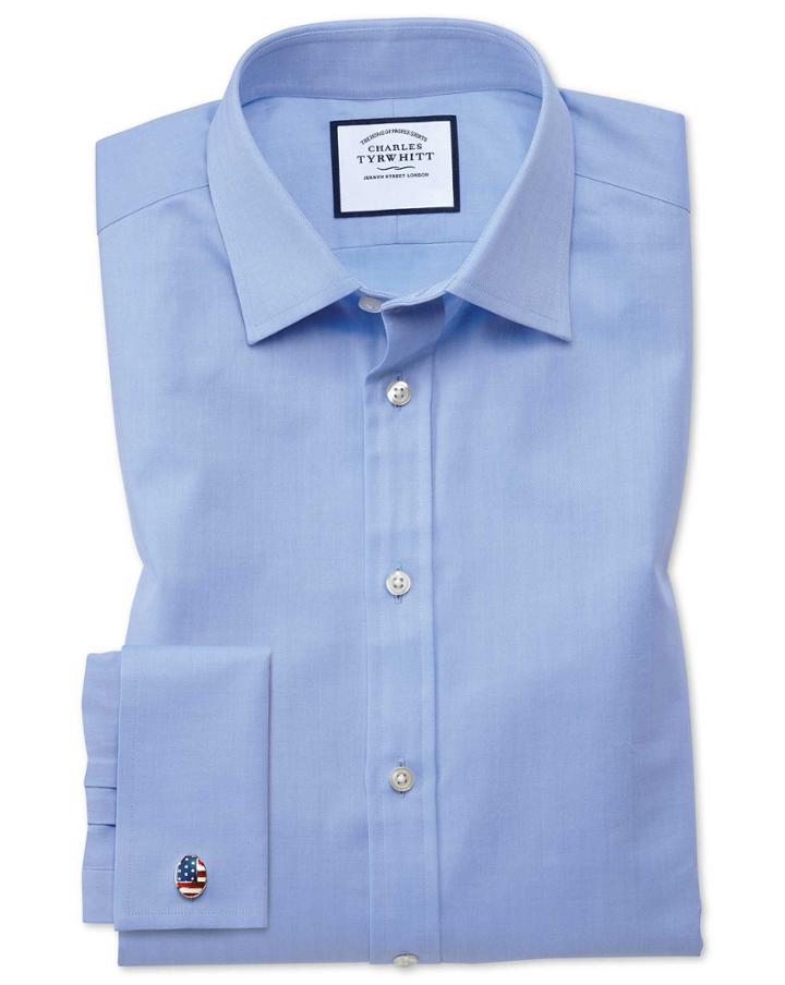 Charles Tyrwhitt Classic Fit Fine Herringbone Sky Cotton Dress Shirt Single Cuff Size 15/35 By Charles Tyrwhitt