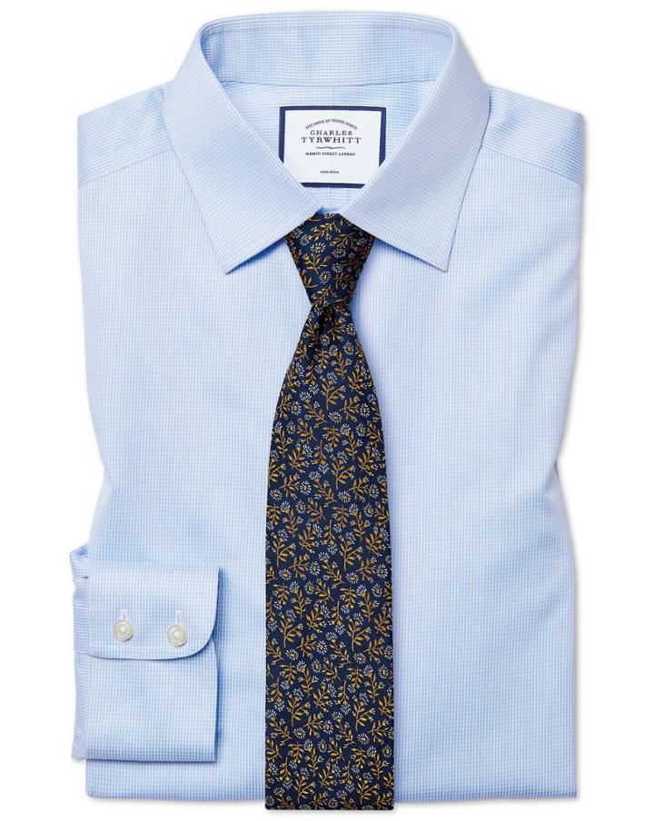  Classic Fit Non-iron Sky Blue Puppytooth Cotton Dress Shirt Single Cuff Size 15/33 By Charles Tyrwhitt
