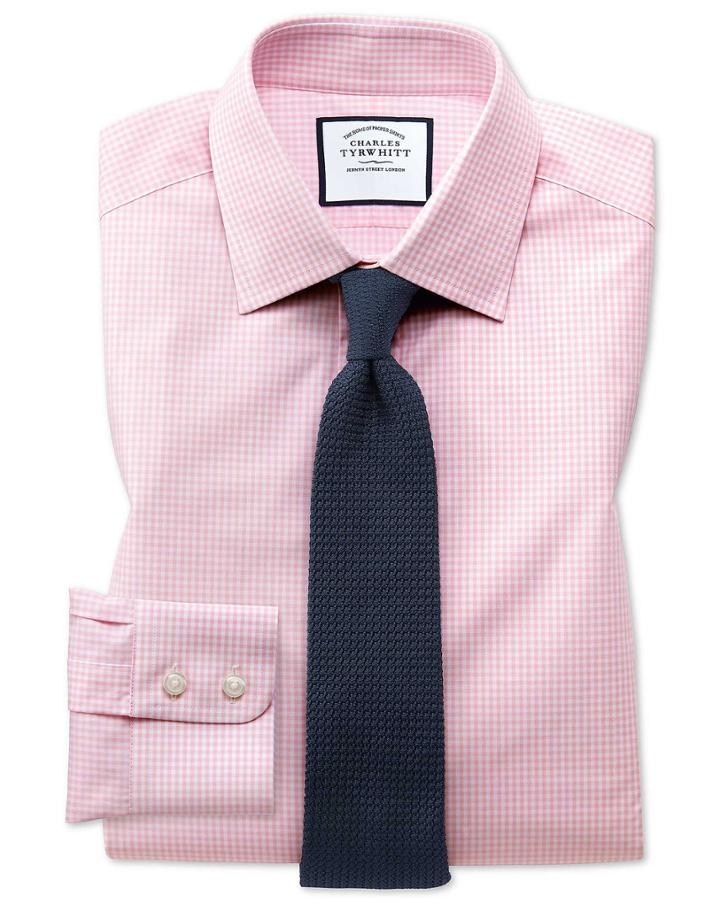  Slim Fit Light Pink Small Gingham Cotton Dress Shirt French Cuff Size 16/36 By Charles Tyrwhitt