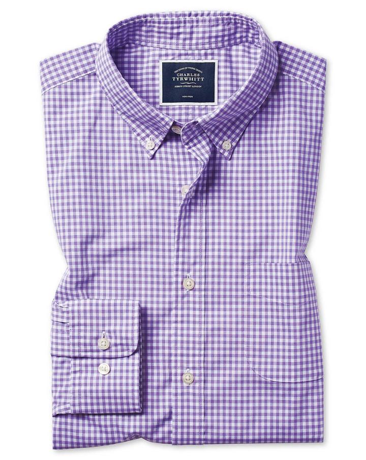  Classic Fit Lilac Check Gingham Soft Washed Non-iron Stretch Poplin Cotton Casual Shirt Single Cuff Size Large By Charles Tyrwhitt