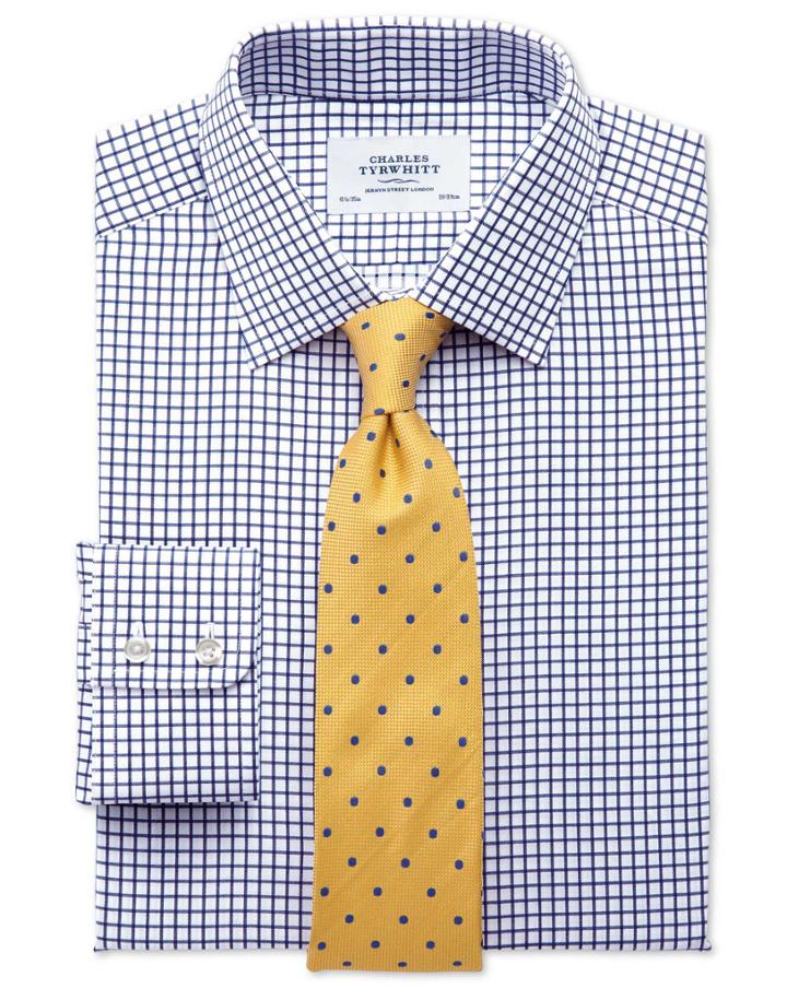  Extra Slim Fit Twill Grid Check Navy Cotton Dress Shirt Single Cuff Size 15.5/34 By Charles Tyrwhitt