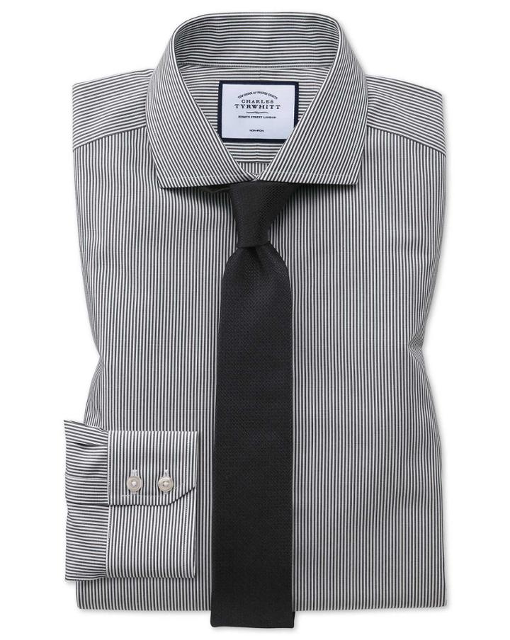  Extra Slim Fit Non-iron Spread Collar Black Bengal Stripe Cotton Dress Shirt Single Cuff Size 14.5/32 By Charles Tyrwhitt