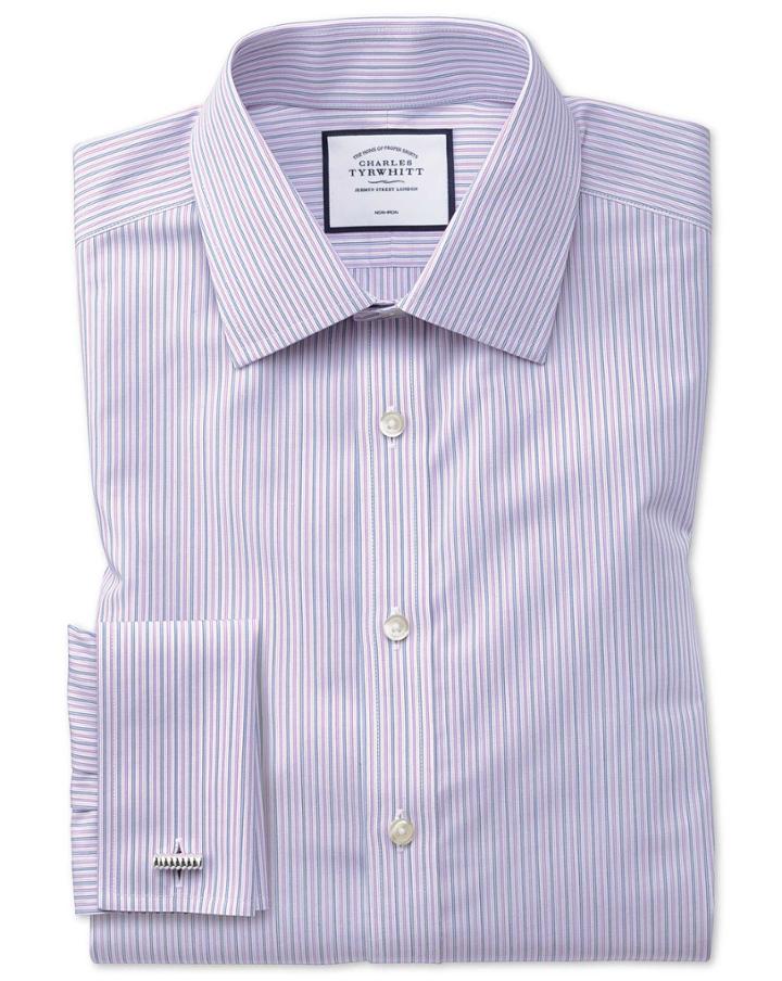  Classic Fit Non-iron Lilac And Blue Multi Stripe Cotton Dress Shirt French Cuff Size 15/33 By Charles Tyrwhitt