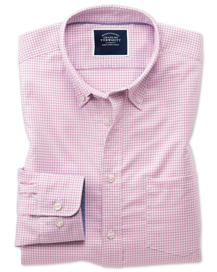  Slim Fit Pink Gingham Soft Washed Non-iron Stretch Cotton Casual Shirt Single Cuff Size Medium By Charles Tyrwhitt