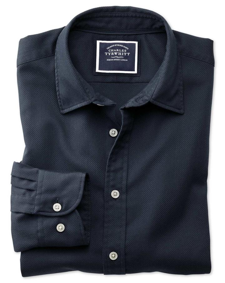 Charles Tyrwhitt Slim Fit Washed Dark Navy Honeycomb Textured Cotton Casual Shirt Single Cuff Size Large By Charles Tyrwhitt