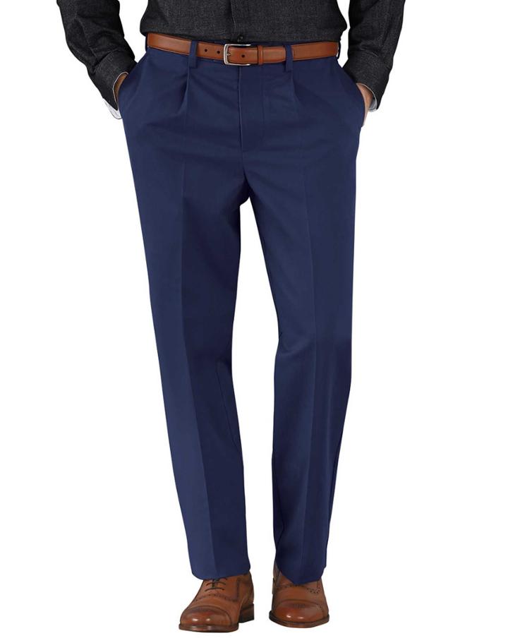 Charles Tyrwhitt Charles Tyrwhitt Marine Blue Classic Fit Single Pleat Non-iron Cotton Chino Pants Size W30 L38