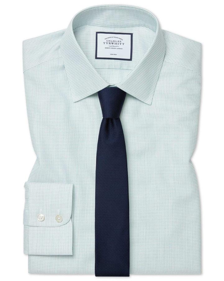  Extra Slim Fit Non-iron Dash Weave Green Cotton Dress Shirt Single Cuff Size 14.5/32 By Charles Tyrwhitt