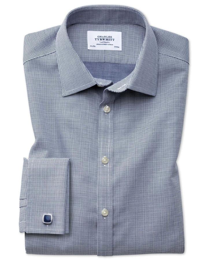Charles Tyrwhitt Extra Slim Fit Non-iron Square Weave Navy Blue Cotton Dress Casual Shirt Single Cuff Size 14.5/32 By Charles Tyrwhitt