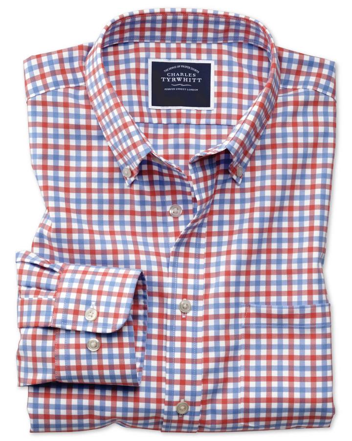 Charles Tyrwhitt Classic Fit Button-down Non-iron Twill Red And Sky Blue Gingham Cotton Casual Shirt Single Cuff Size Medium By Charles Tyrwhitt