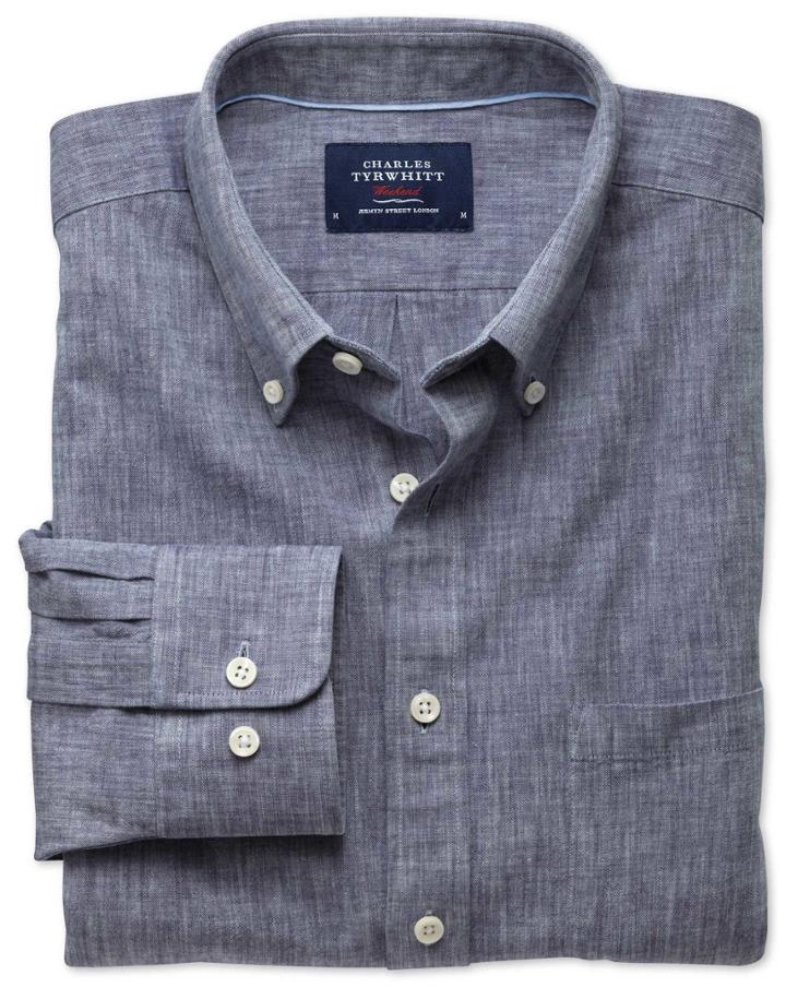 Charles Tyrwhitt Charles Tyrwhitt Slim Fit Navy Chambray Cotton Dress Shirt Size Small