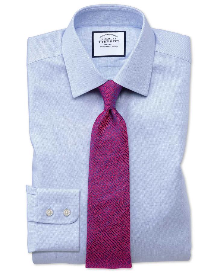  Slim Fit Non-iron Step Weave Sky Blue Cotton Dress Shirt French Cuff Size 16.5/33 By Charles Tyrwhitt