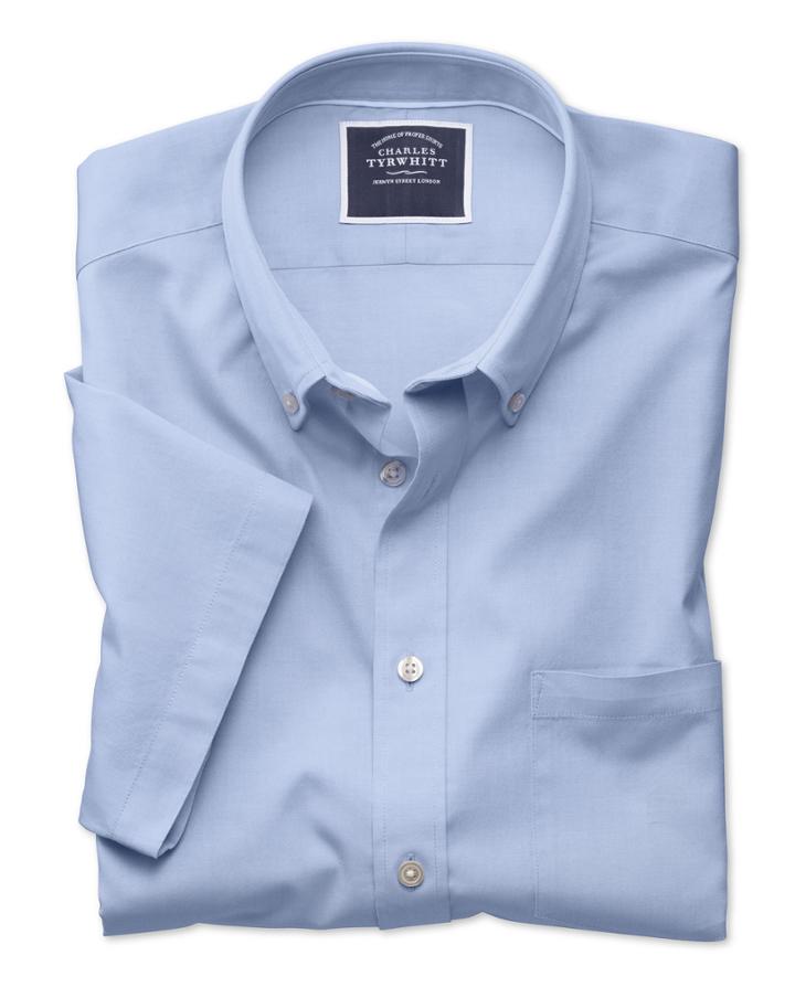  Classic Fit Sky Blue Washed Oxford Short Sleeve Cotton Casual Shirt Single Cuff Size Small By Charles Tyrwhitt