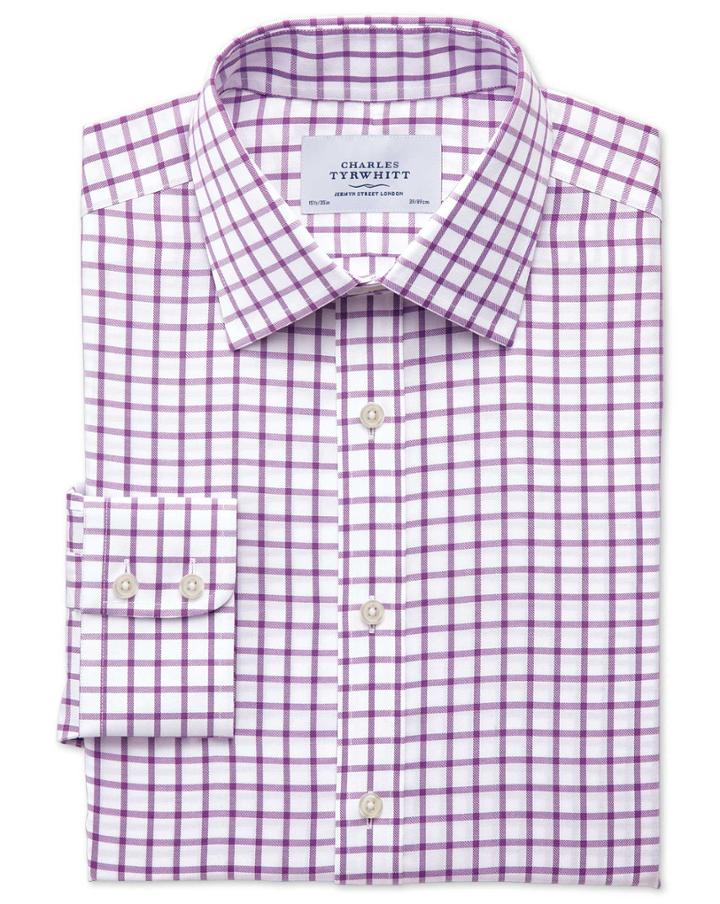  Slim Fit Non-iron Twill Grid Check Purple Cotton Dress Shirt Single Cuff Size 14.5/33 By Charles Tyrwhitt