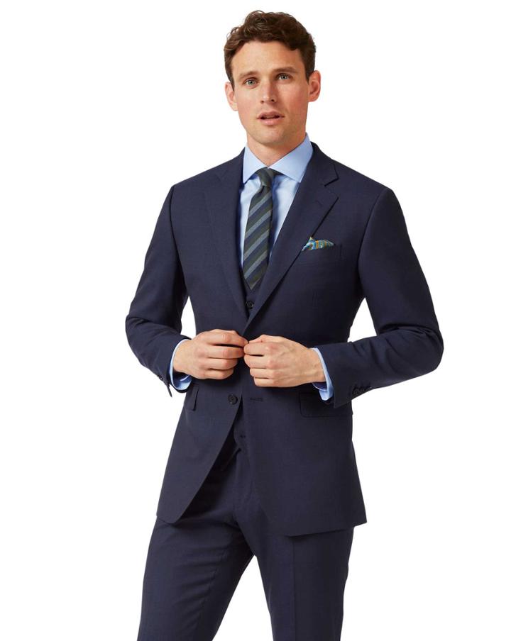  Navy Slim Fit Sharkskin Travel Suit Wool Jacket Size 36 By Charles Tyrwhitt