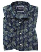  Slim Fit Leaf Print Navy And Green Short Sleeve Linen Cotton Casual Shirt Single Cuff Size Medium By Charles Tyrwhitt