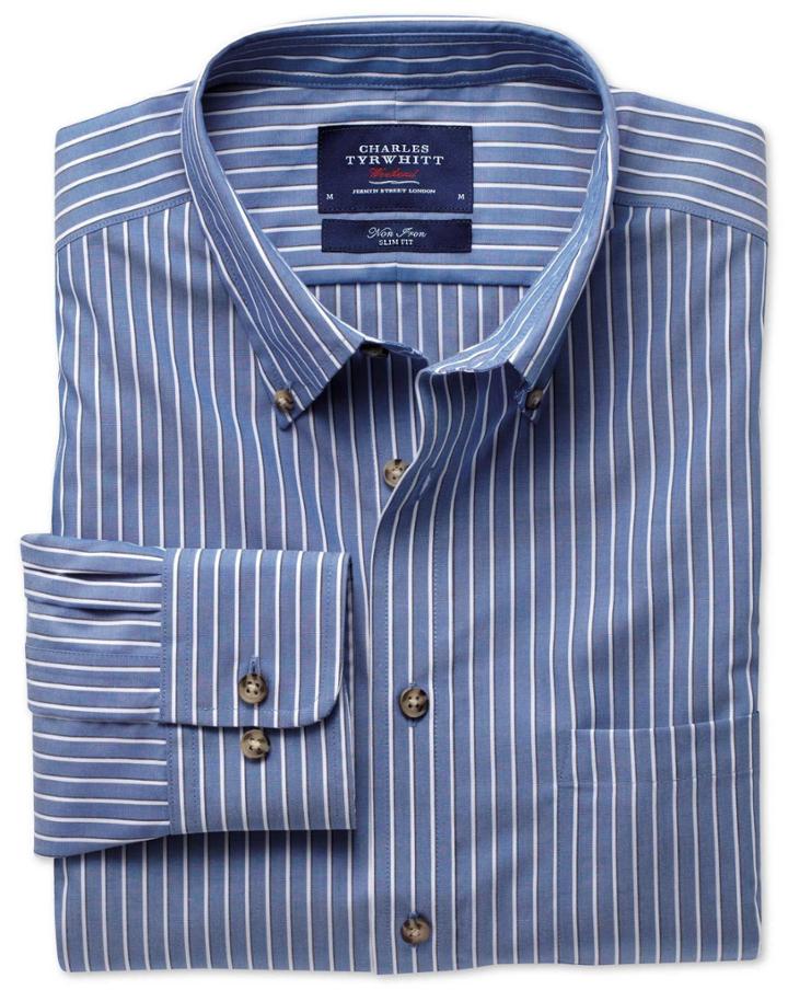 Charles Tyrwhitt Charles Tyrwhitt Classic Fit Non-iron Poplin Blue And White Stripe Cotton Dress Shirt Size Small