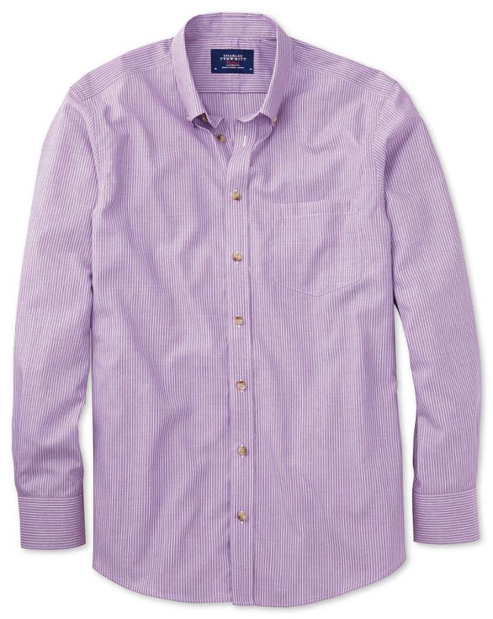 Charles Tyrwhitt Extra Slim Fit Non-iron Poplin Lilac Stripe Cotton Casual Shirt Single Cuff Size Large By Charles Tyrwhitt