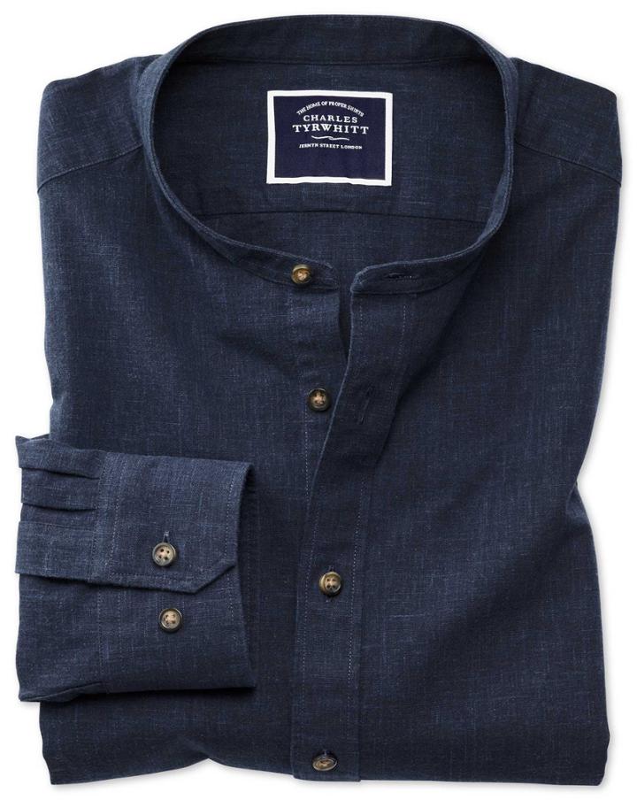  Slim Fit Navy Collarless Cotton Casual Shirt Single Cuff Size Medium By Charles Tyrwhitt
