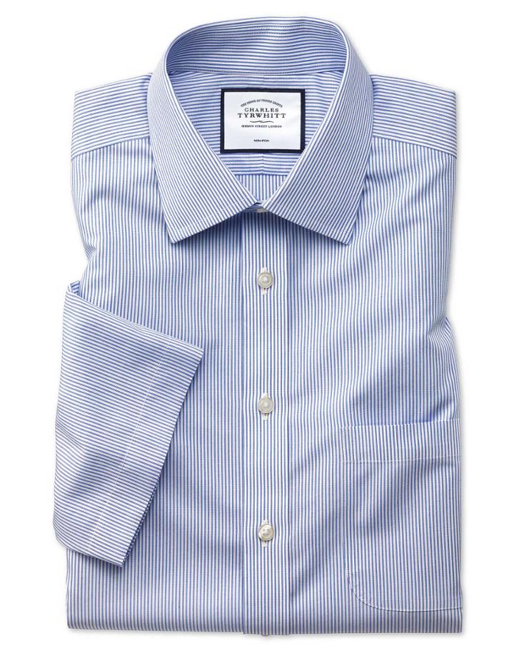  Classic Fit Non-iron Natural Cool Short Sleeve Blue Stripe Cotton Dress Shirt Size 15.5/short By Charles Tyrwhitt