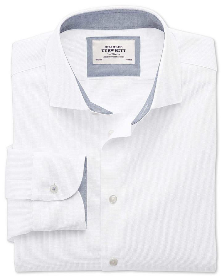 Charles Tyrwhitt Charles Tyrwhitt Classic Fit Semi-spread Collar Business Casual Textured White Cotton Dress Shirt Size 15/33
