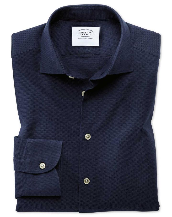  Extra Slim Fit Business Casual Leno Texture Navy Cotton Dress Shirt Single Cuff Size 14.5/33 By Charles Tyrwhitt