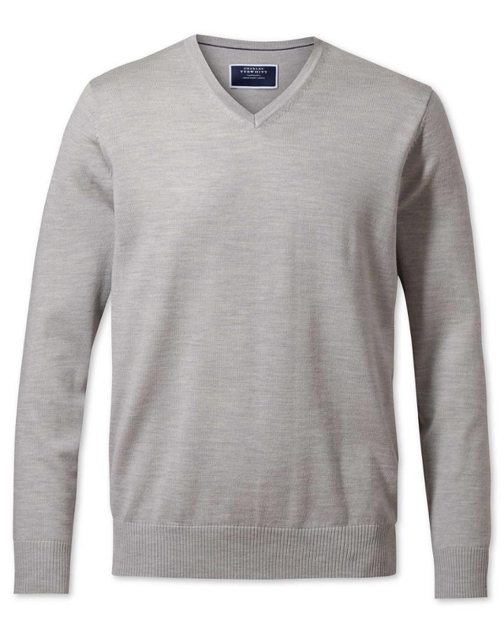 Silver Merino Wool V-neck Sweater Size Xxl By Charles Tyrwhitt
