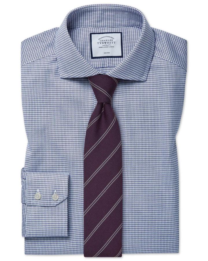  Slim Fit Cutaway Collar Non-iron Cotton Stretch Navy Dress Shirt Single Cuff Size 14.5/33 By Charles Tyrwhitt