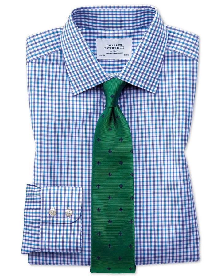  Classic Fit Two Color Check Blue Cotton Dress Shirt French Cuff Size 17.5/34 By Charles Tyrwhitt