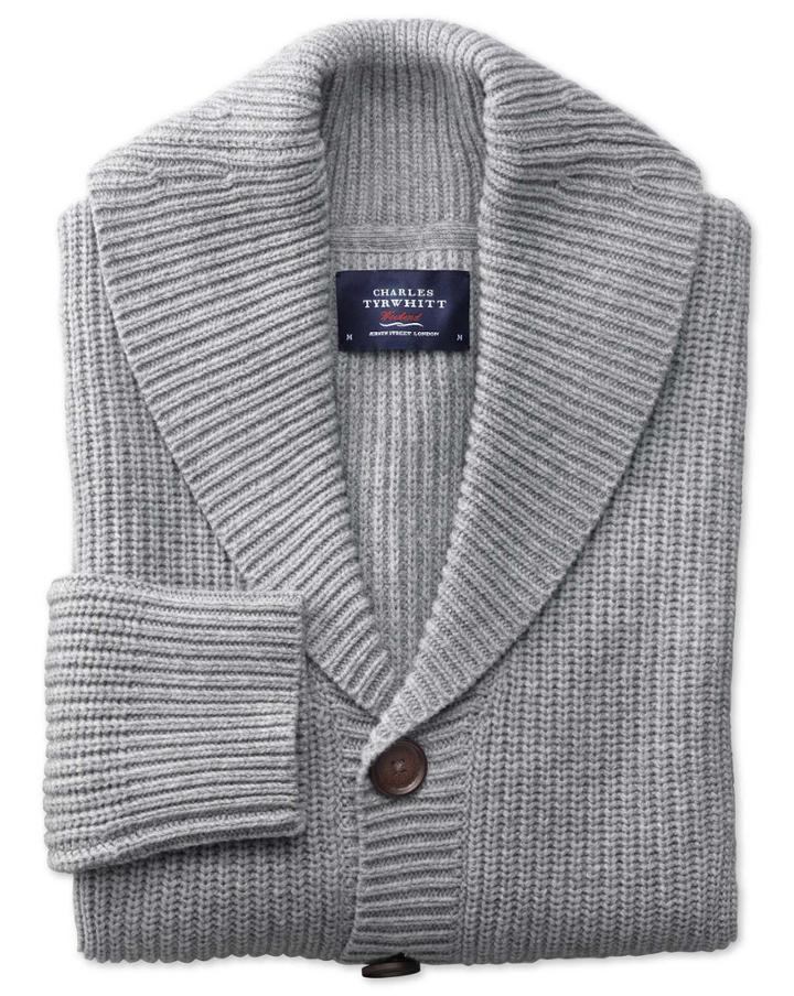 Charles Tyrwhitt Light Grey Rib Shawl Collar Wool Cardigan Size Large By Charles Tyrwhitt