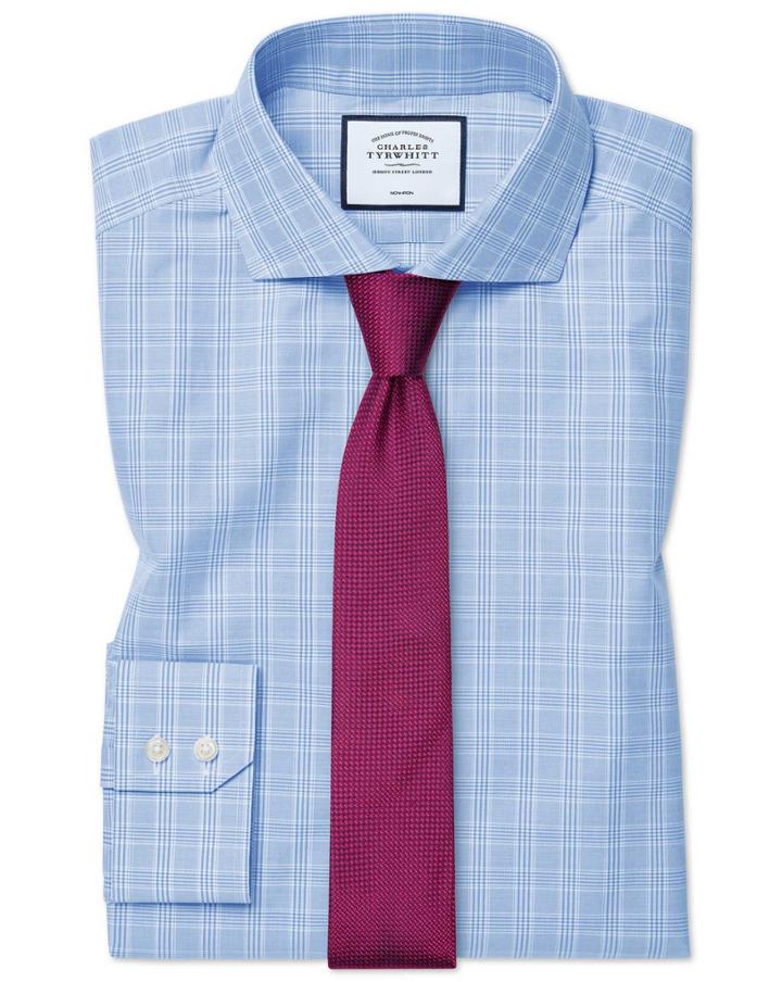  Extra Slim Fit Cutaway Collar Non-iron Prince Of Wales Check Sky Blue Cotton Dress Shirt French Cuff Size 14.5/32 By Charles Tyrwhitt