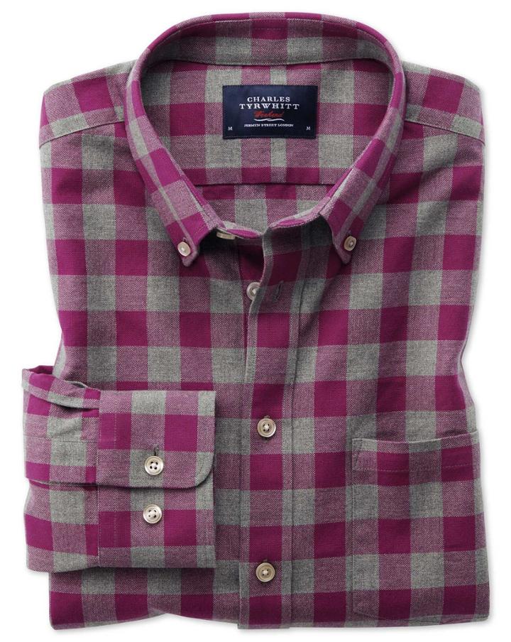 Charles Tyrwhitt Extra Slim Fit Button-down Washed Oxford Berry And Grey Check Cotton Casual Shirt Single Cuff Size Medium By Charles Tyrwhitt