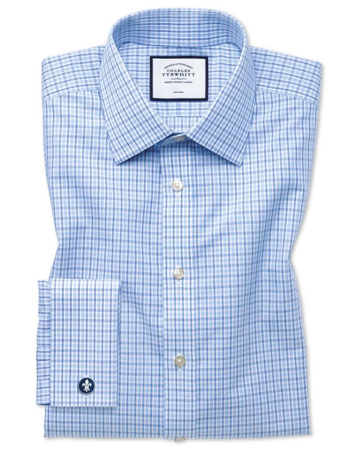  Slim Fit Non-iron Blue And Sky Blue Check Cotton Dress Shirt French Cuff Size 15/33 By Charles Tyrwhitt