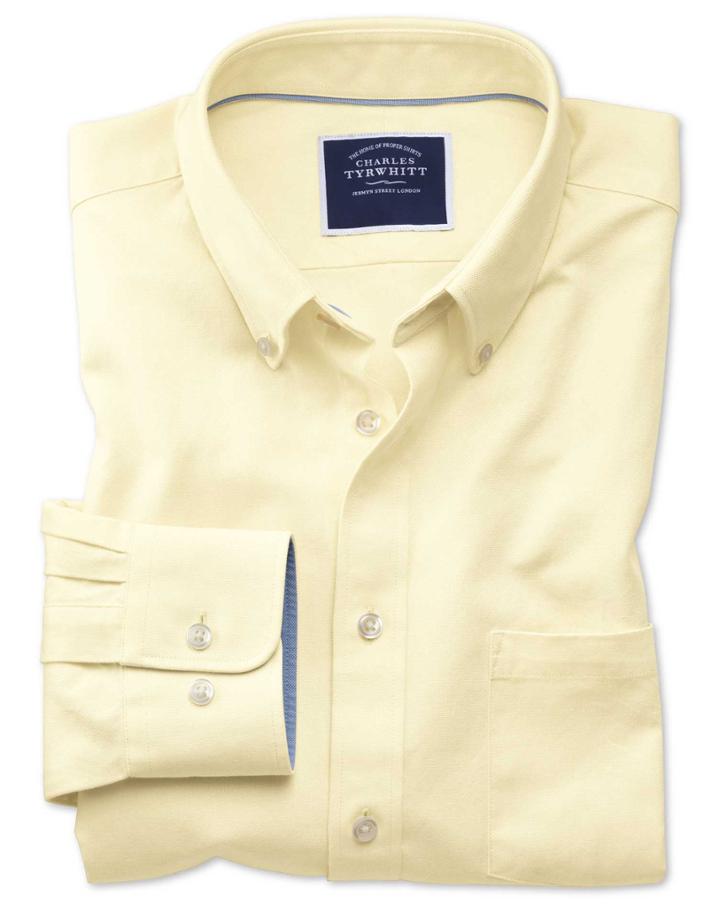  Classic Fit Button-down Washed Oxford Plain Light Yellow Cotton Casual Shirt Single Cuff Size Large By Charles Tyrwhitt
