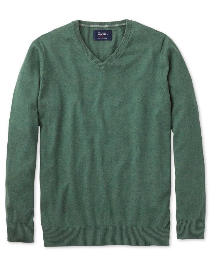 Charles Tyrwhitt Charles Tyrwhitt Mid Green Cotton Cashmere V-neck Cotton/cashmere Sweater Size Large