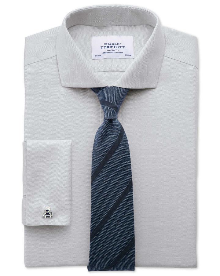  Slim Fit Spread Collar Non-iron Herringbone Grey Cotton Dress Shirt French Cuff Size 15/34 By Charles Tyrwhitt